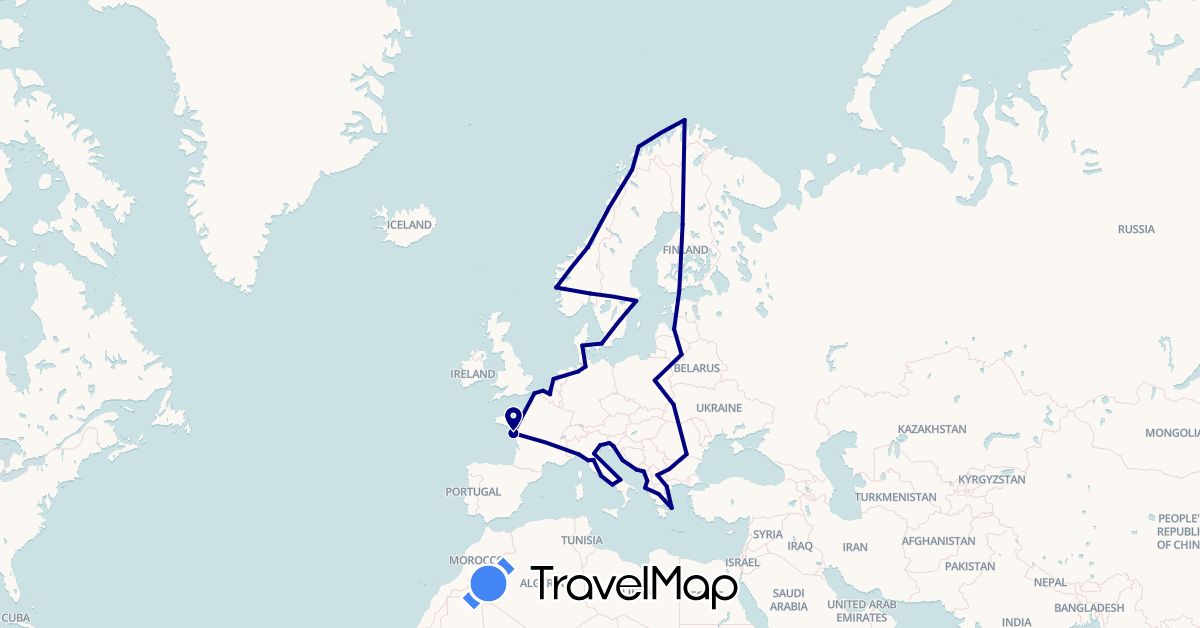 TravelMap itinerary: driving in Albania, Belgium, Bulgaria, Germany, Denmark, Estonia, Finland, France, Greece, Croatia, Italy, Lithuania, Latvia, Montenegro, Macedonia, Netherlands, Norway, Poland, Romania, Sweden, Ukraine (Europe)